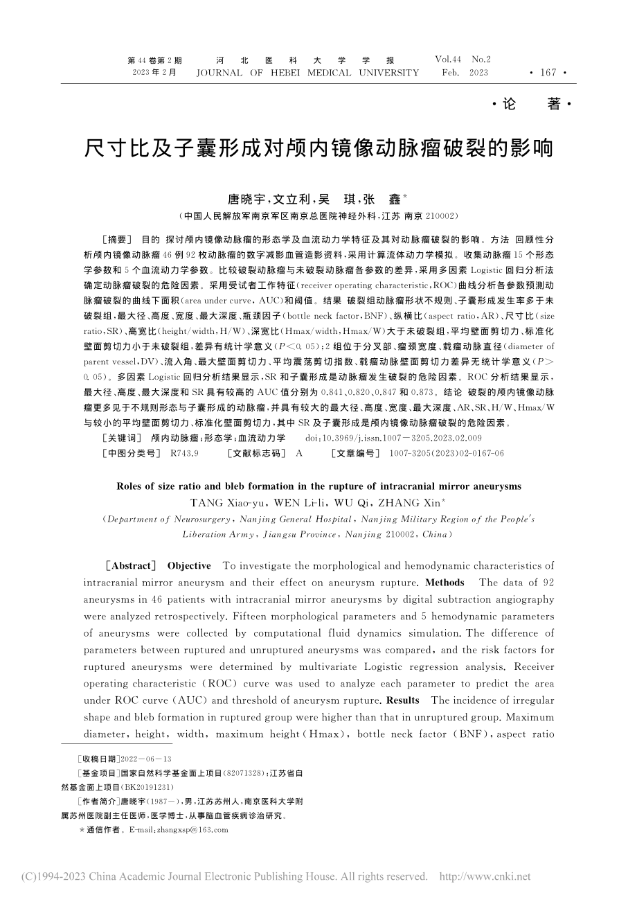 尺寸比及子囊形成对颅内镜像动脉瘤破裂的影响_唐晓宇.pdf_第1页