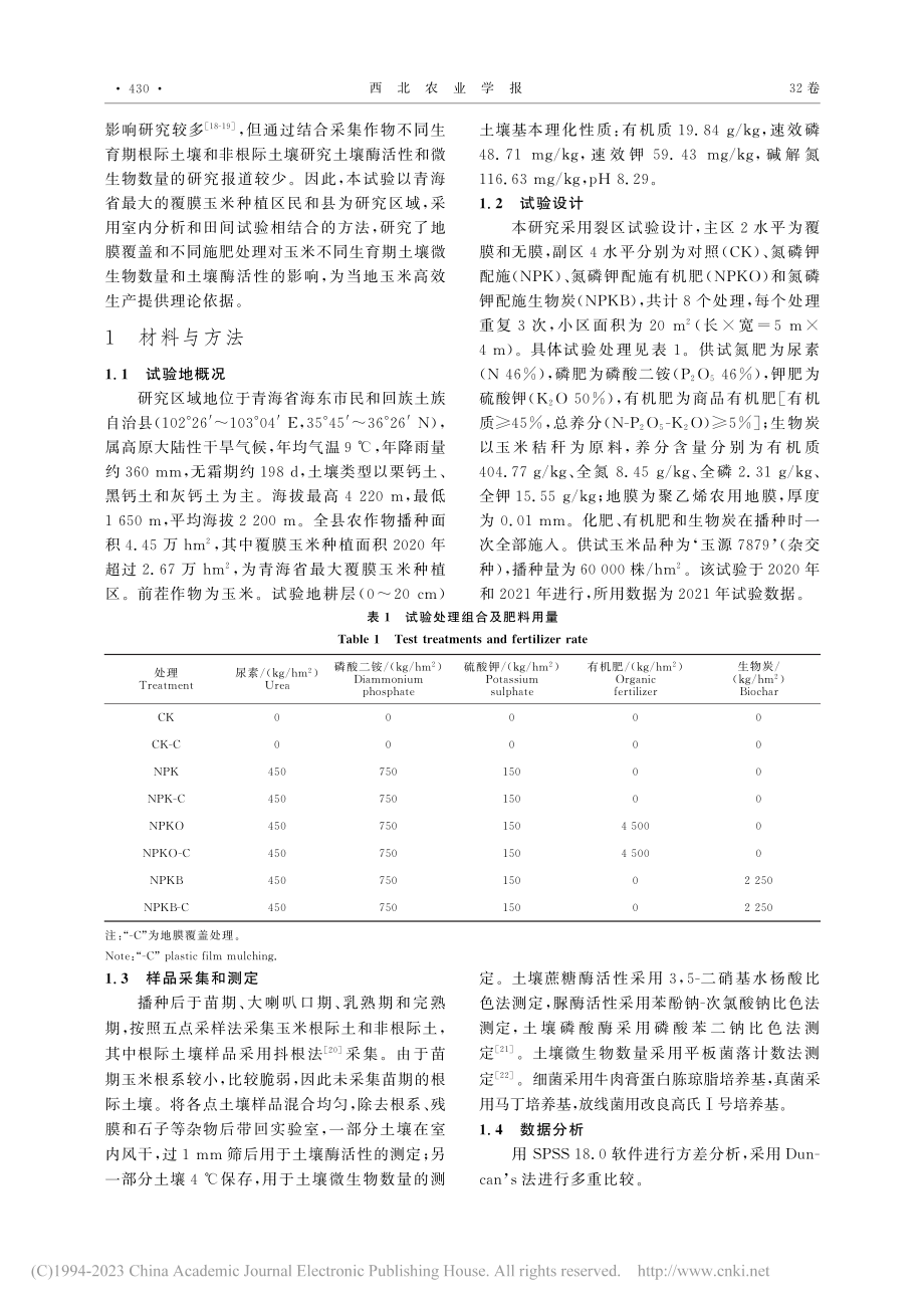 地膜覆盖及不同施肥处理对根...壤微生物数量和酶活性的影响_胡庆兰.pdf_第2页