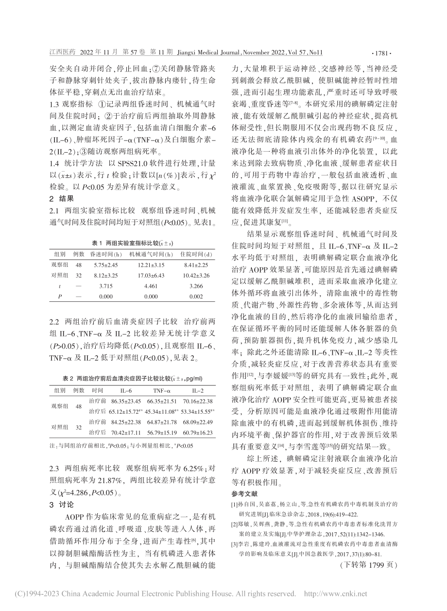 碘解磷定联合血液净化在有机磷农药中毒的应用价值_袁方.pdf_第2页