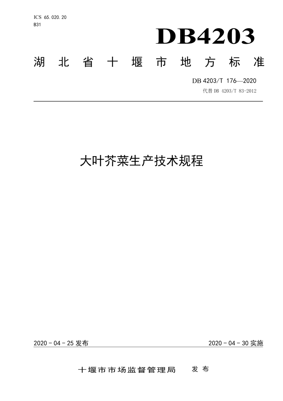 DB 4203T 176—2020大叶芥菜生产技术规程.pdf_第1页