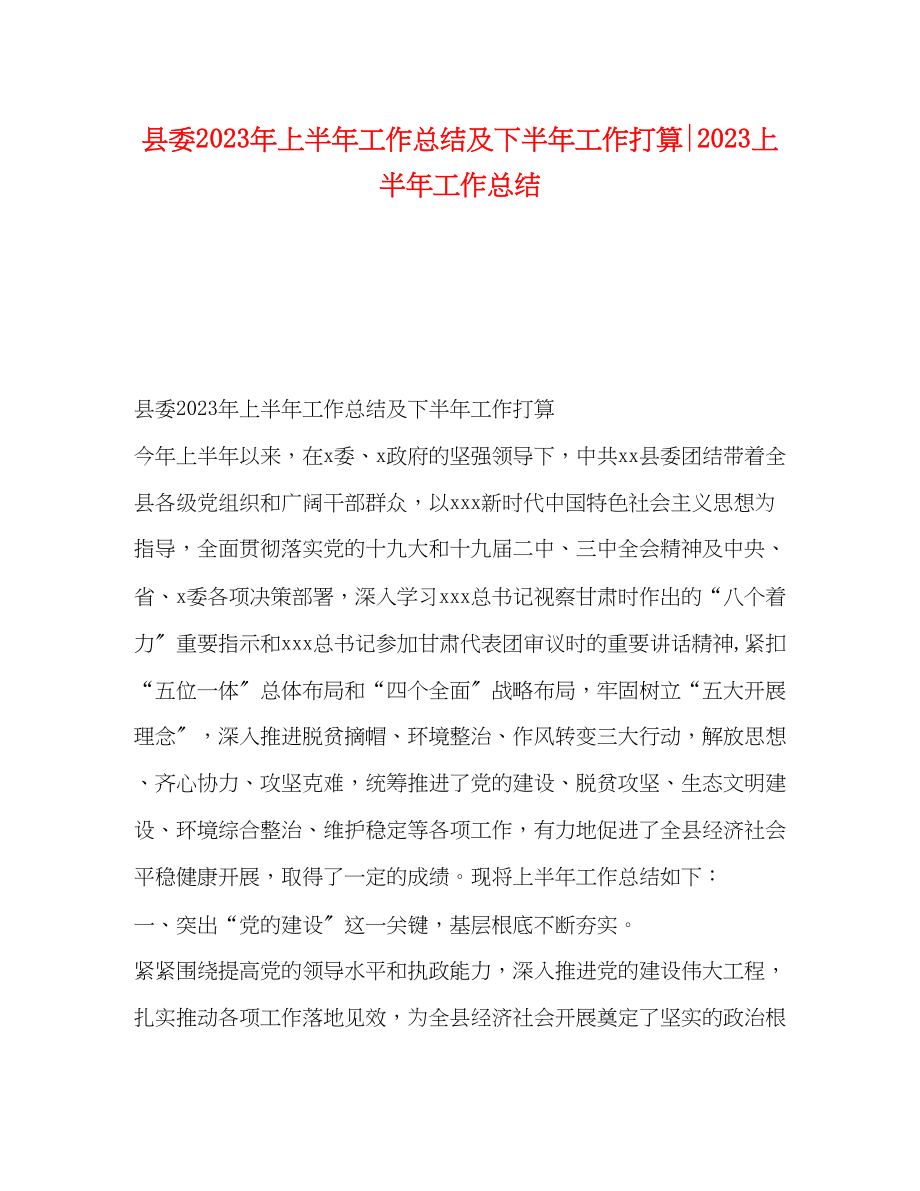 2023年县委上半工作总结及下半工作打算上半工作总结范文.docx_第1页