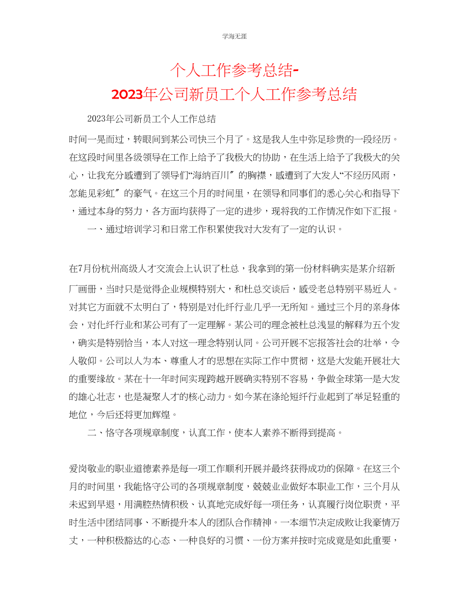 2023年个人工作总结公司新员工个人工作总结范文.docx_第1页