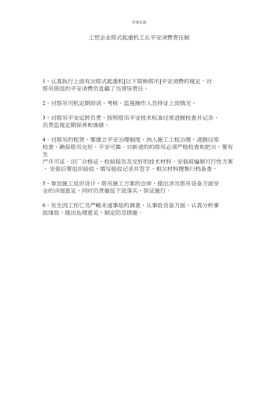 2023年工贸企业塔式起重机工长安全生产责任制范文.docx_第1页