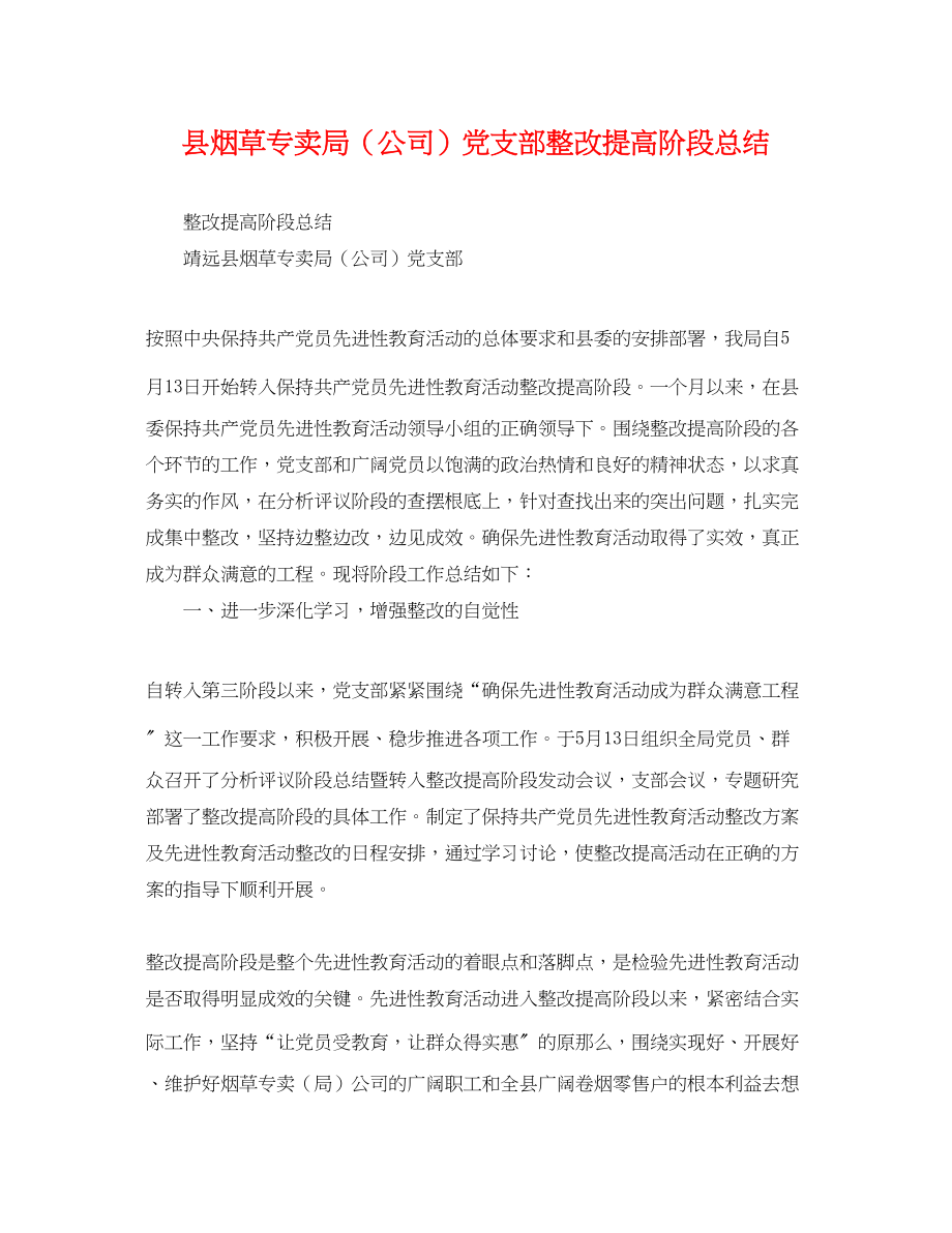 2023年县烟草专卖局公司党支部整改提高阶段总结2范文.docx_第1页