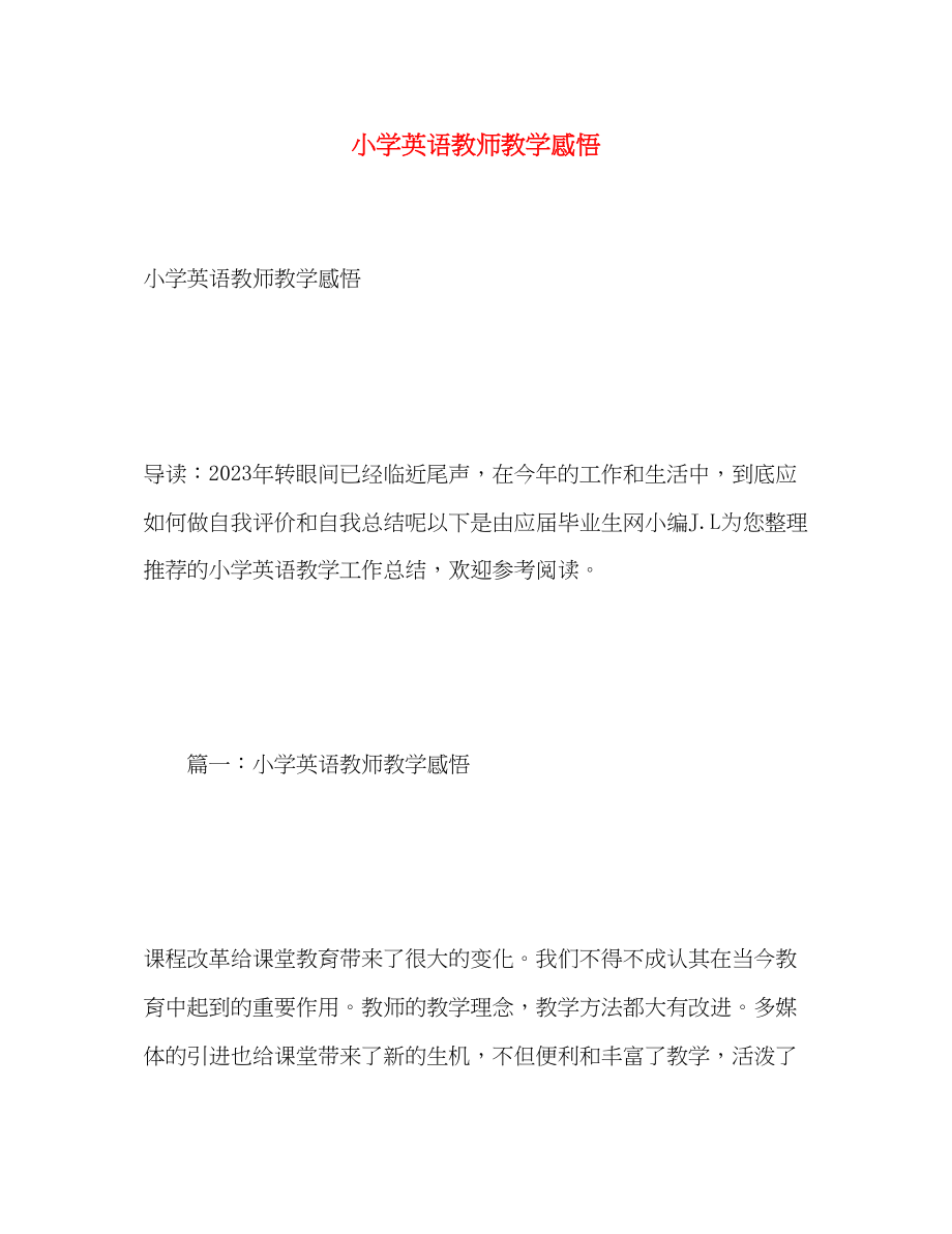 2023年小学英语教师教学感悟范文.docx_第1页