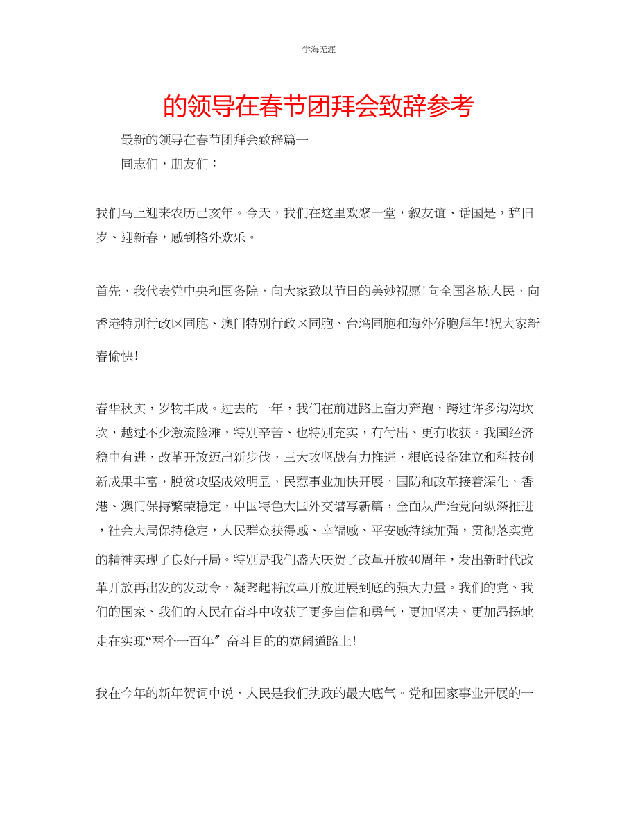 2023年的领导在春节团拜会致辞范文.docx_第1页