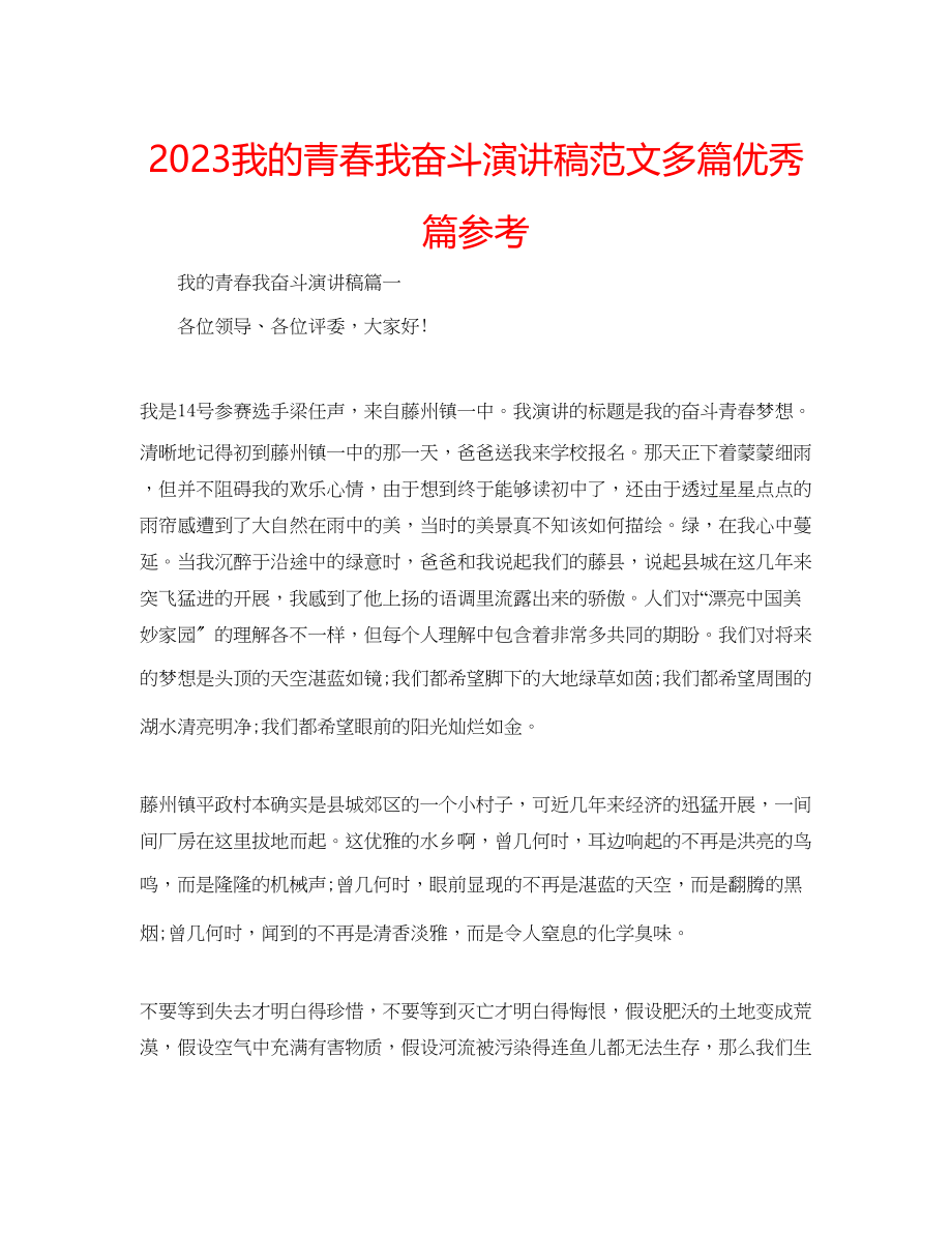 2023年我的青春我奋斗演讲稿多篇优秀篇范文.docx_第1页