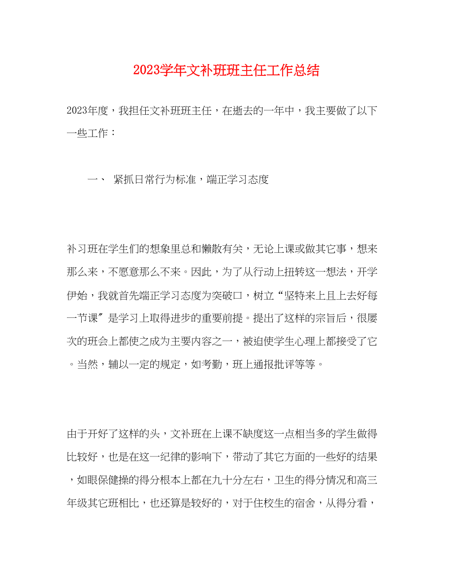 2023年学文补班班主任工作总结范文.docx_第1页