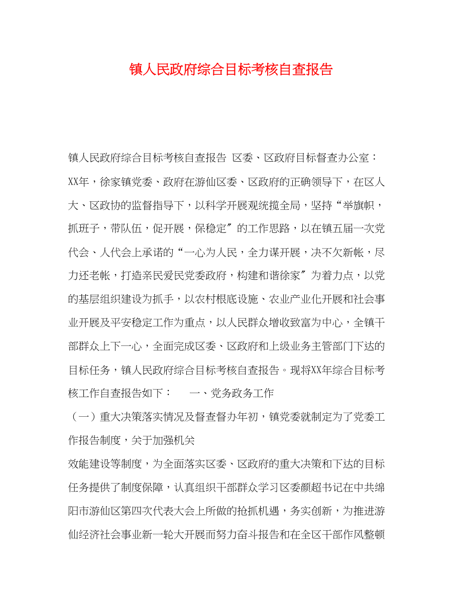 2023年镇人民政府综合目标考核自查报告范文.docx_第1页