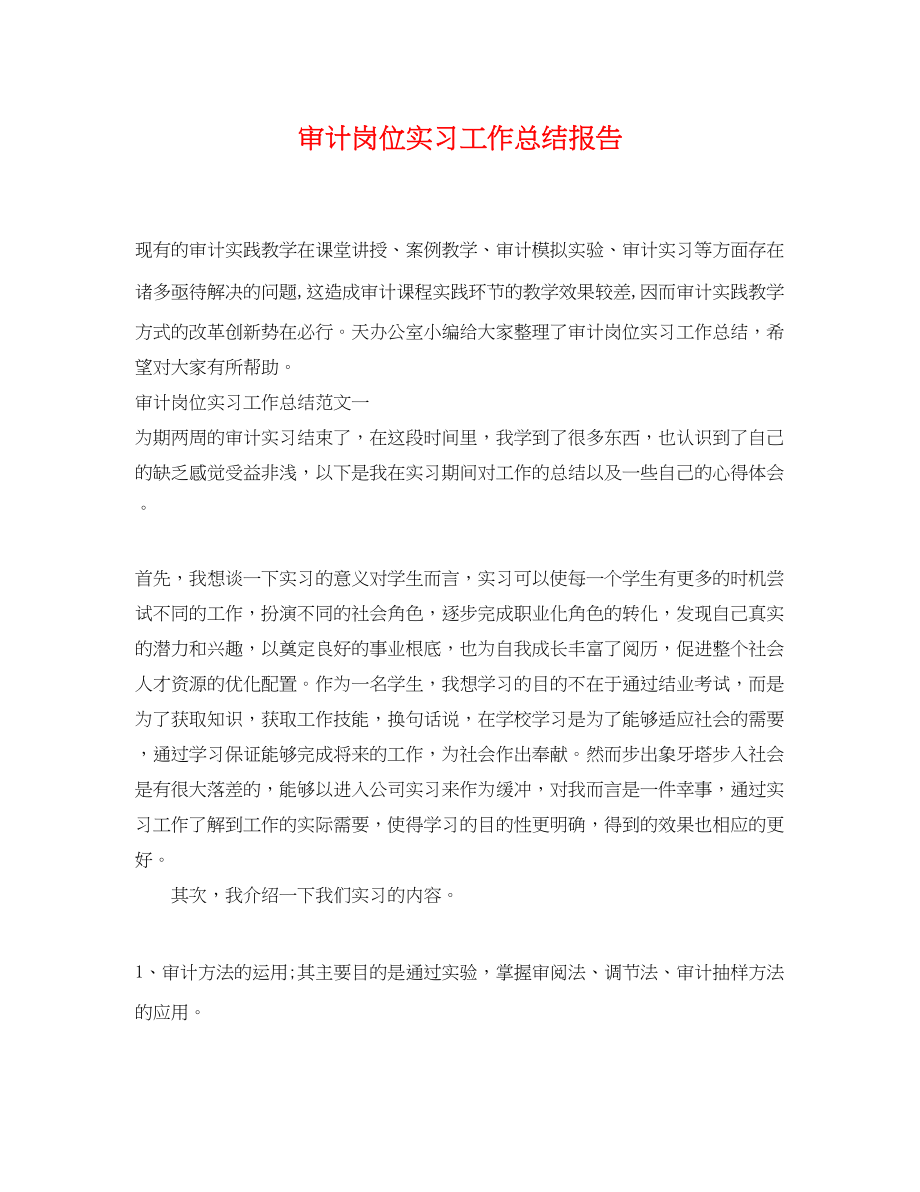 2023年审计岗位实习工作总结报告范文.docx_第1页