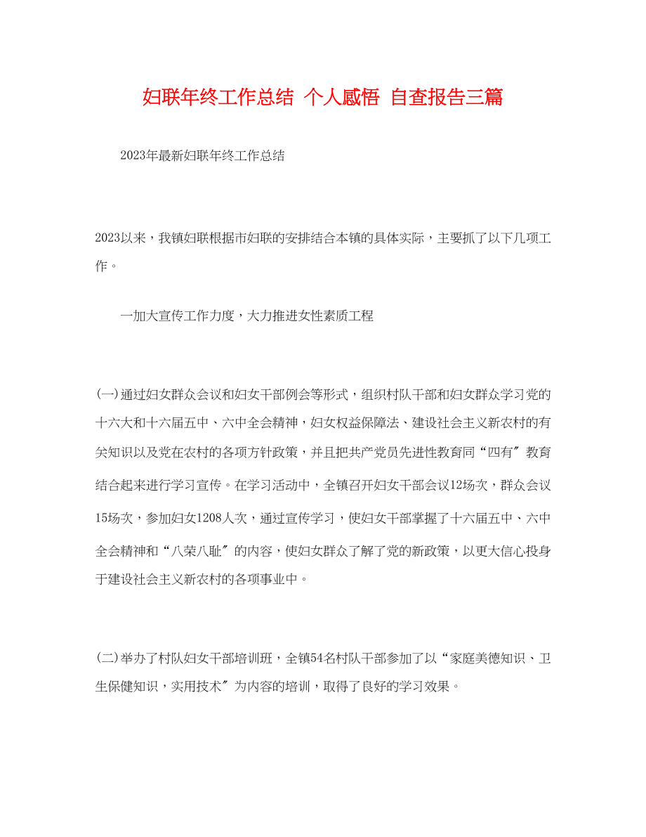 2023年妇联终工作总结个人感悟自查报告精选三篇范文.docx_第1页