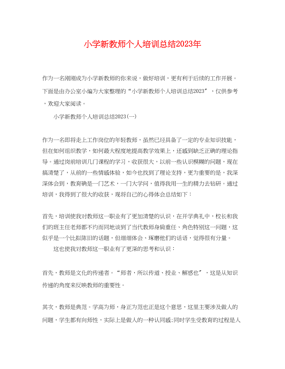 2023年小学新教师个人培训总结2范文.docx_第1页