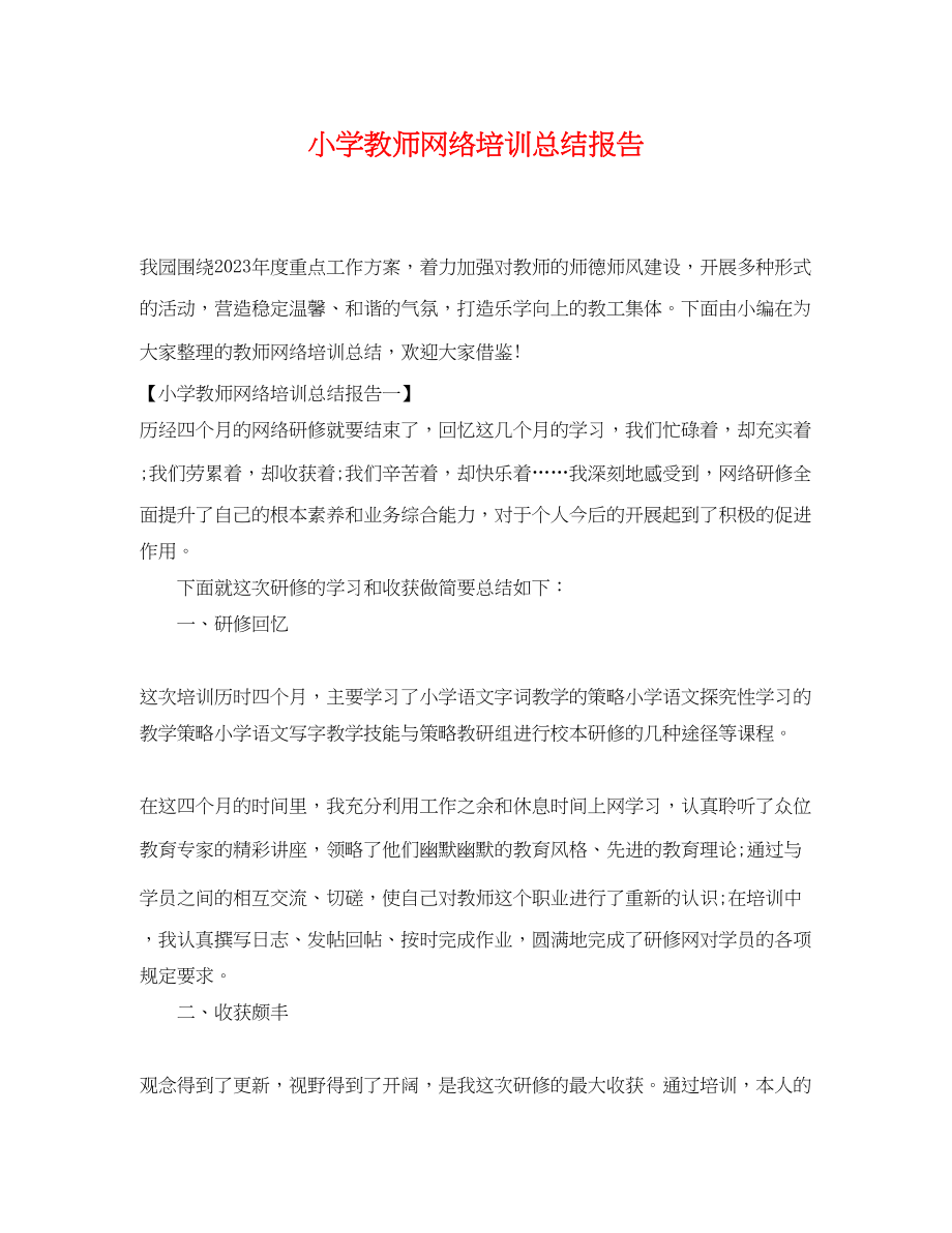 2023年小学教师网络培训总结报告范文.docx_第1页