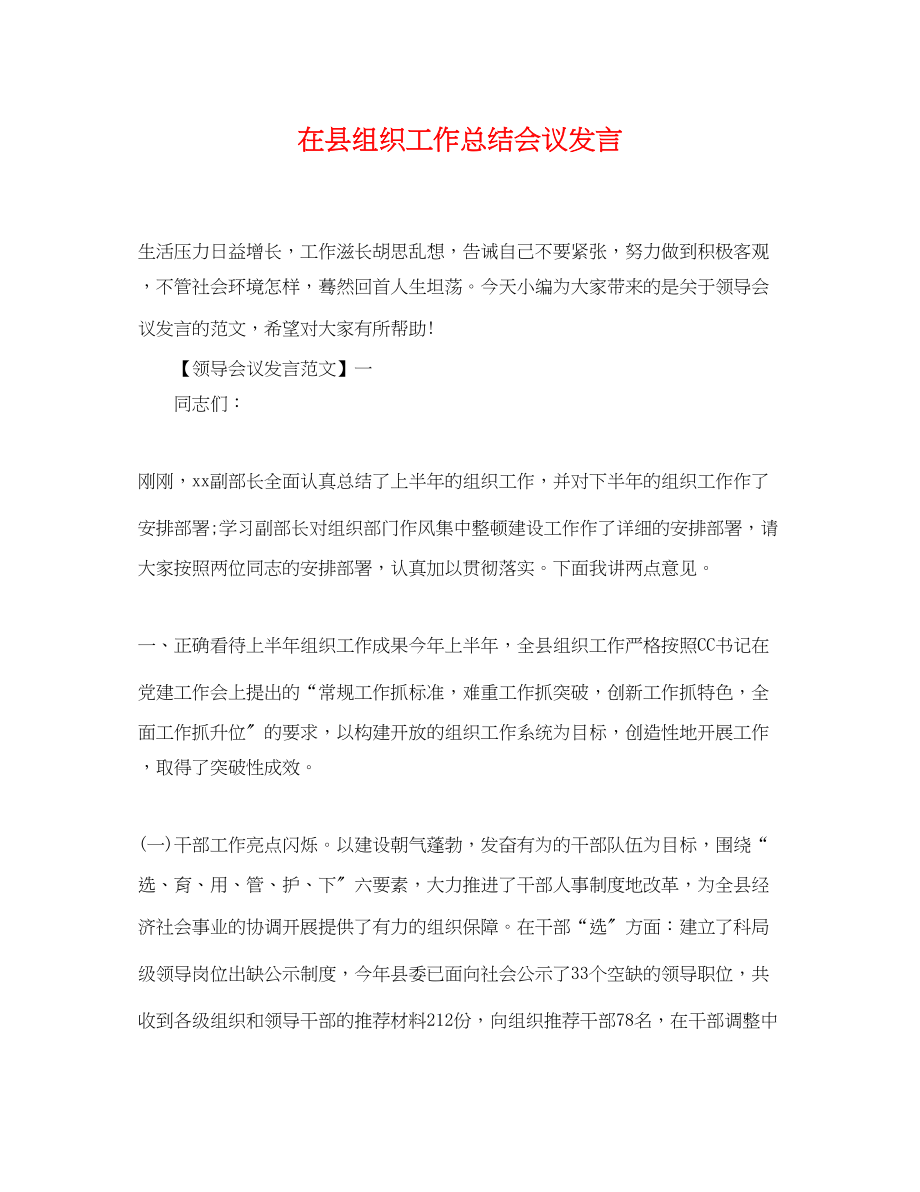 2023年在县组织工作总结会议发言范文.docx_第1页