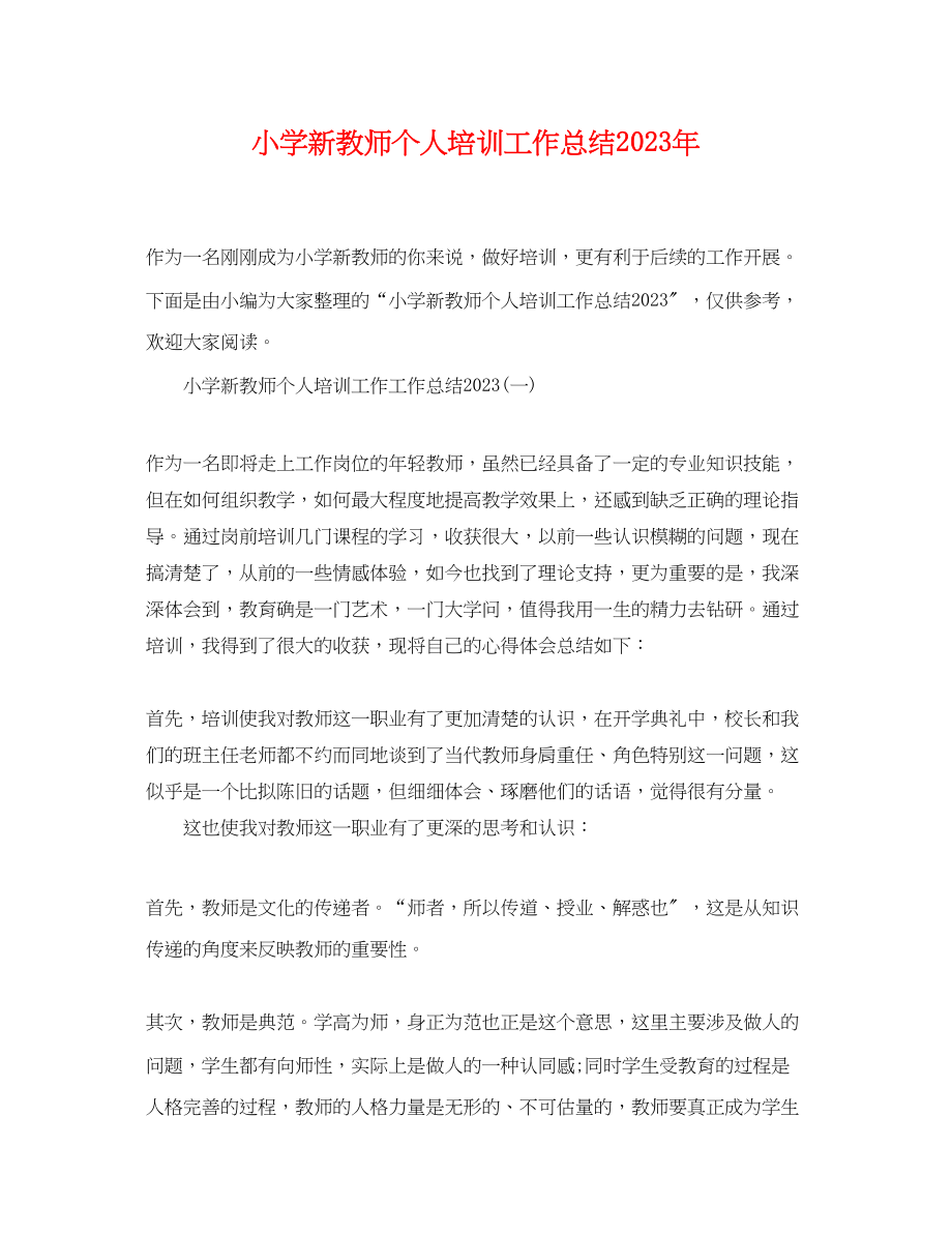 2023年小学新教师个人培训工作总结范文.docx_第1页