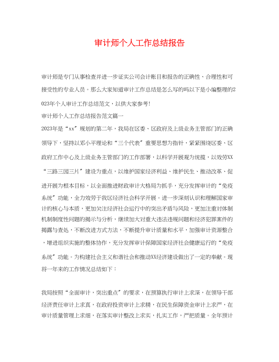 2023年审计师个人工作总结报告范文.docx_第1页