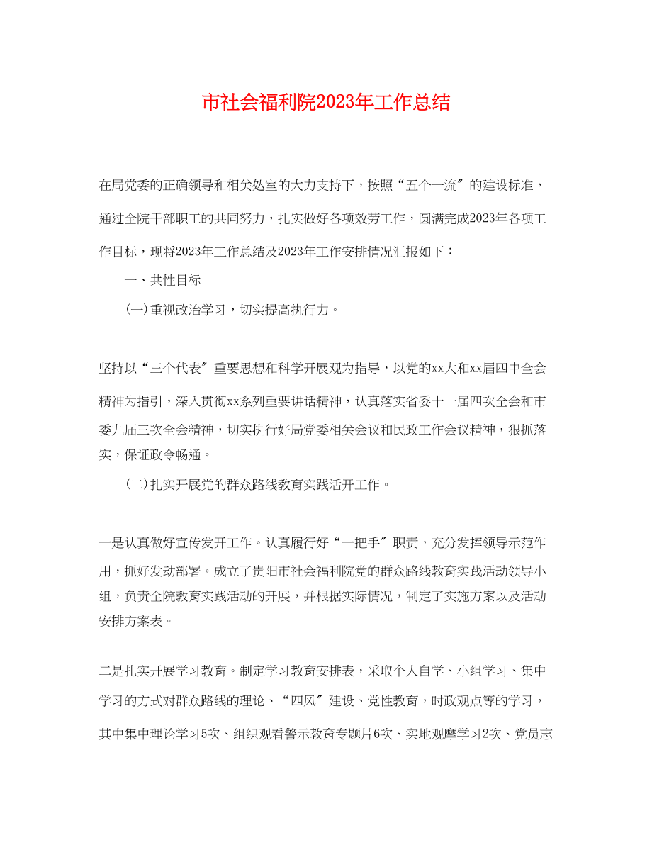 2023年市社会福利院工作总结范文.docx_第1页