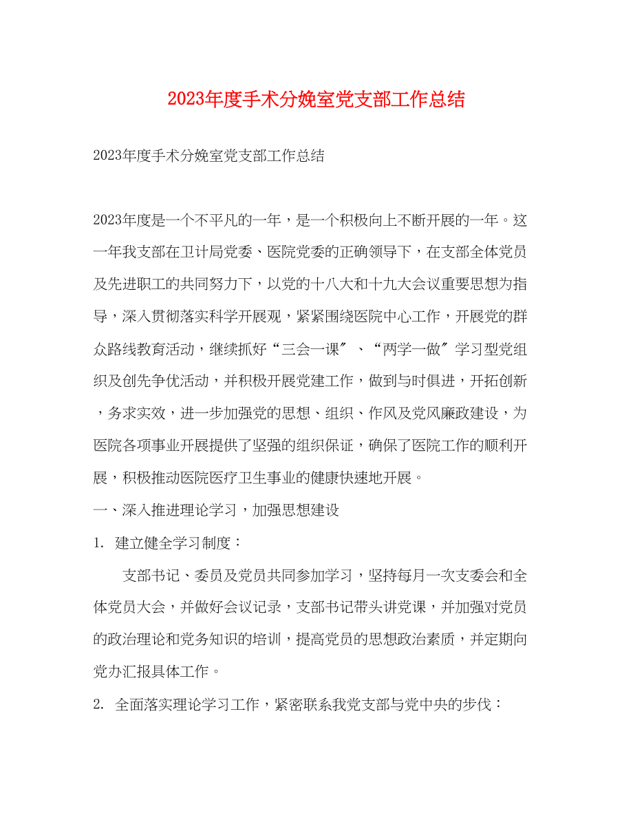 2023年度手术分娩室党支部工作总结范文.docx_第1页