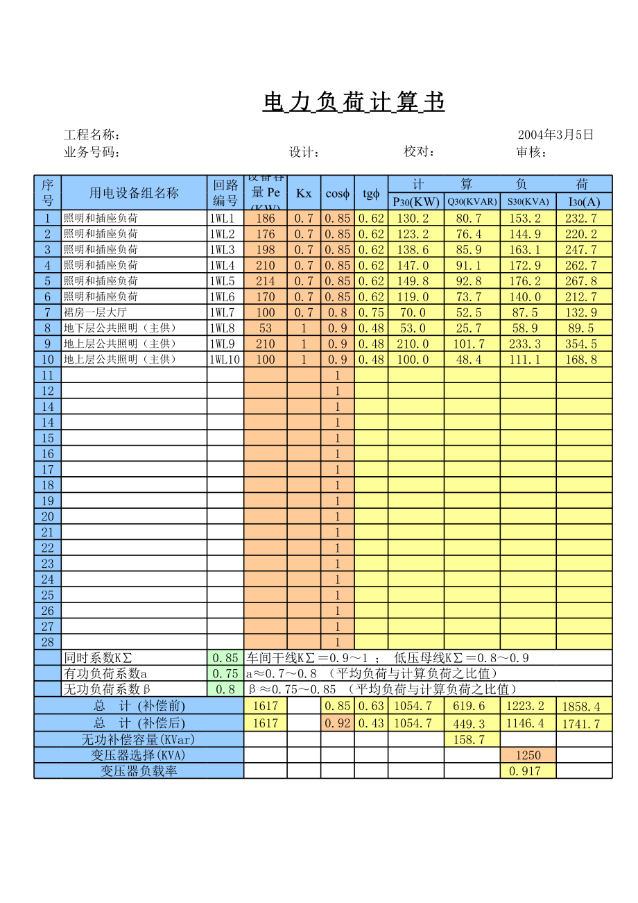 电力负荷计算书(完美版).xls_第1页