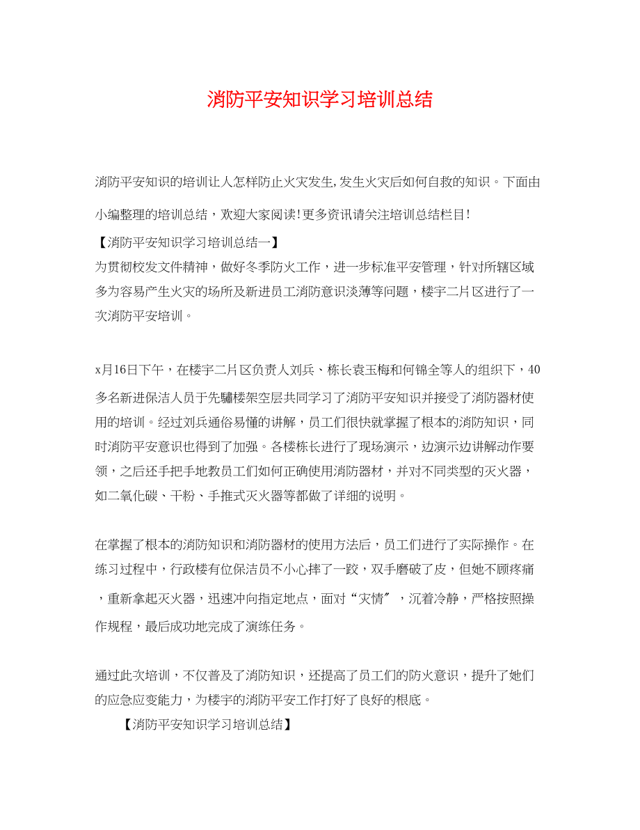 2023年消防安全知识学习培训总结范文.docx_第1页