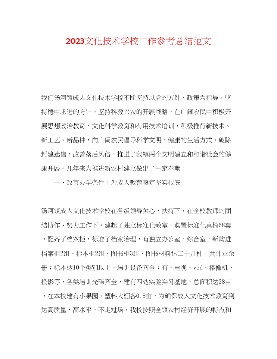 2023年文化技术学校工作总结范文.docx_第1页