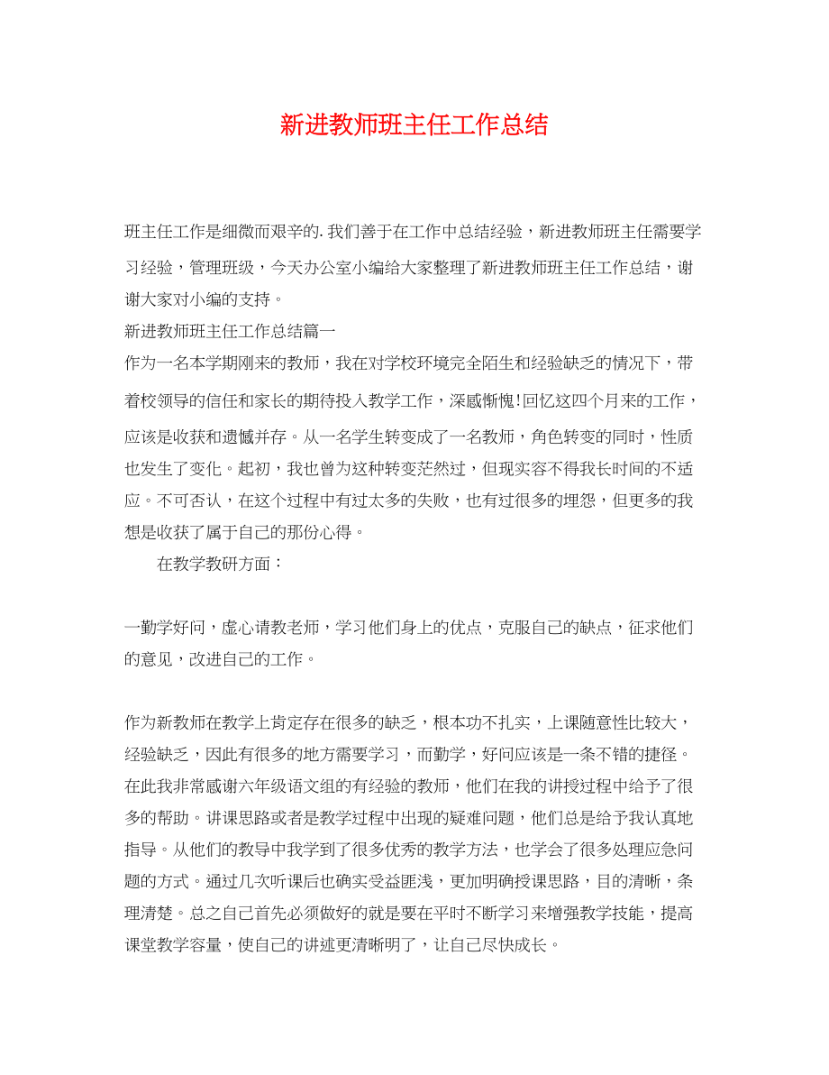 2023年新进教师班主任工作总结范文.docx_第1页