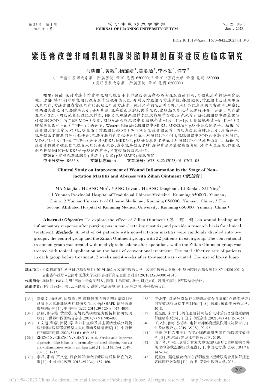 紫连膏改善非哺乳期乳腺炎脓肿期创面炎症反应临床研究_马晓佳.pdf_第1页