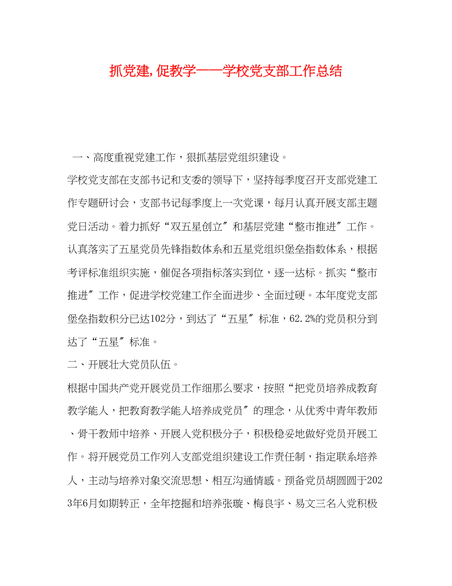 2023年抓党建促教学学校党支部工作总结范文.docx_第1页