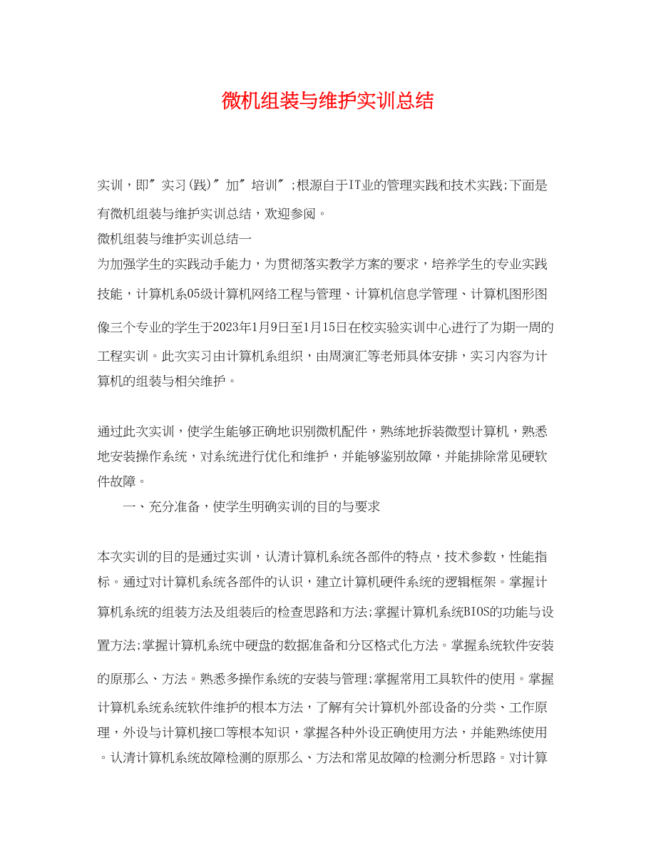 2023年微机组装与维护实训总结范文.docx_第1页