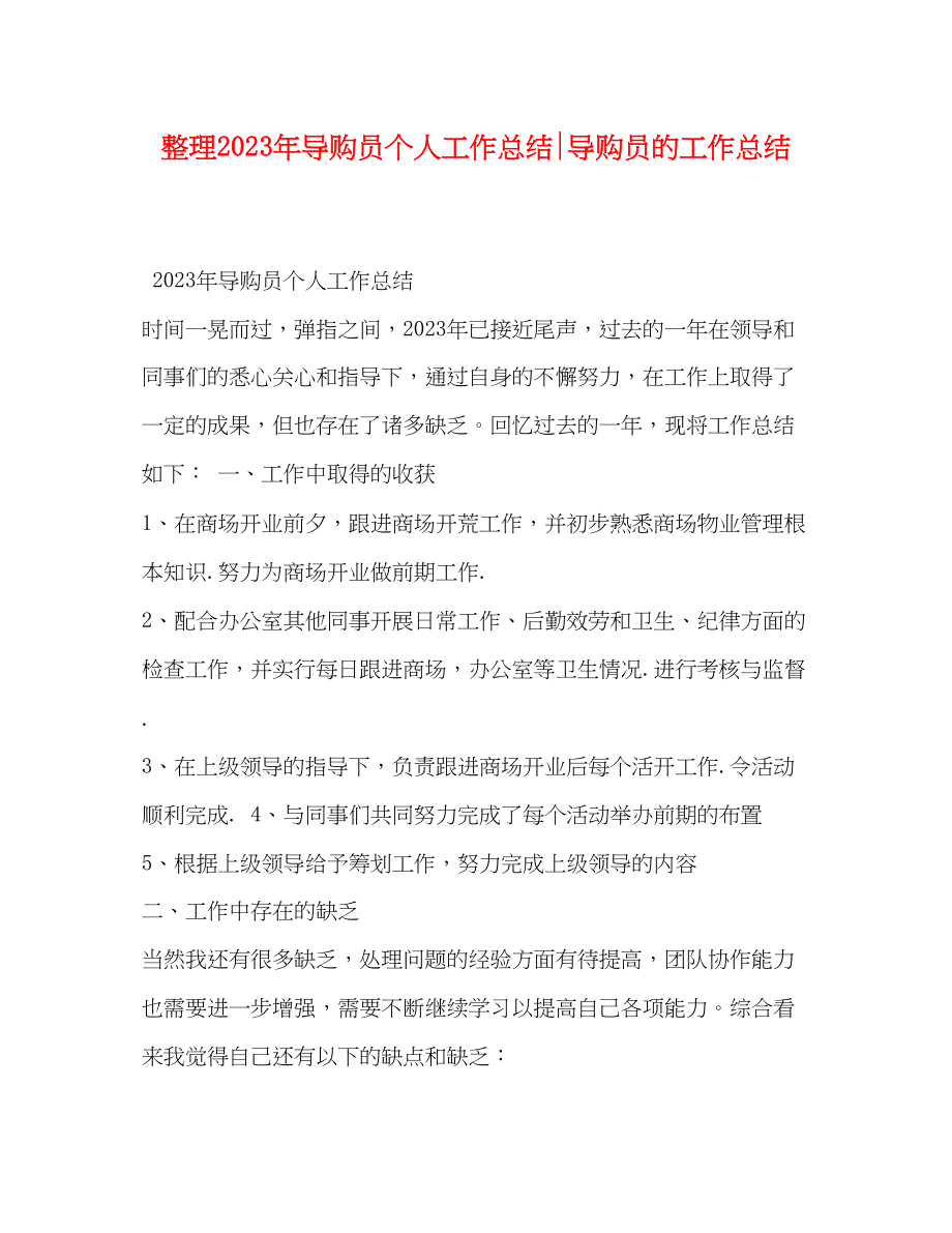 2023年整理导购员个人工作总结导购员的工作总结范文.docx_第1页