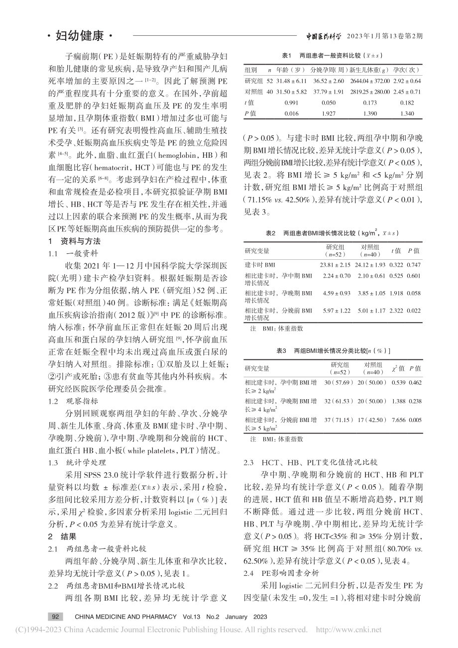 子痫前期与孕期体重指数增长及红细胞比容等因素相关研究_唐丽.pdf_第2页