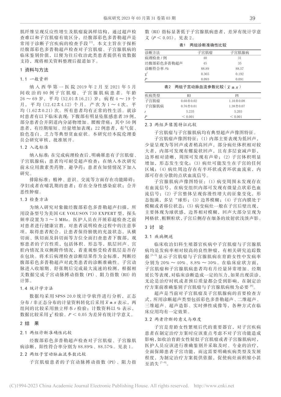 子宫肌瘤和子宫腺肌病经腹部...多普勒超声临床鉴别价值探析_周雪玲.pdf_第2页