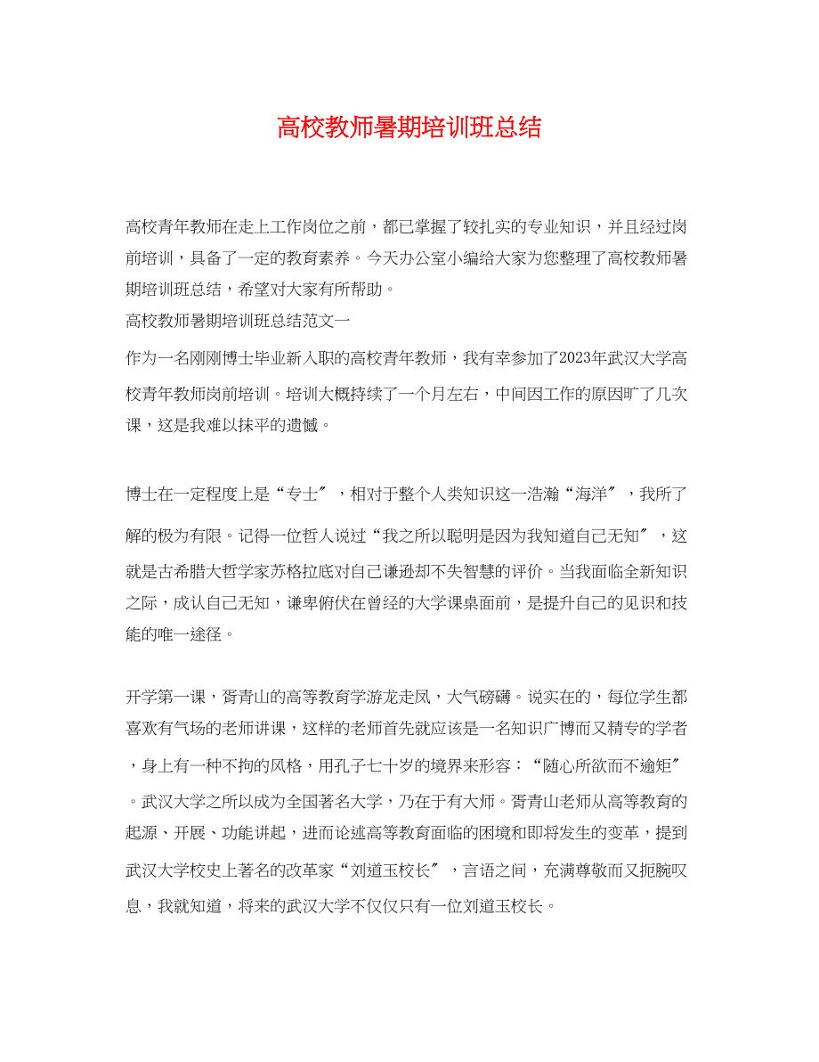 2023年高校教师暑期培训班总结范文.docx_第1页