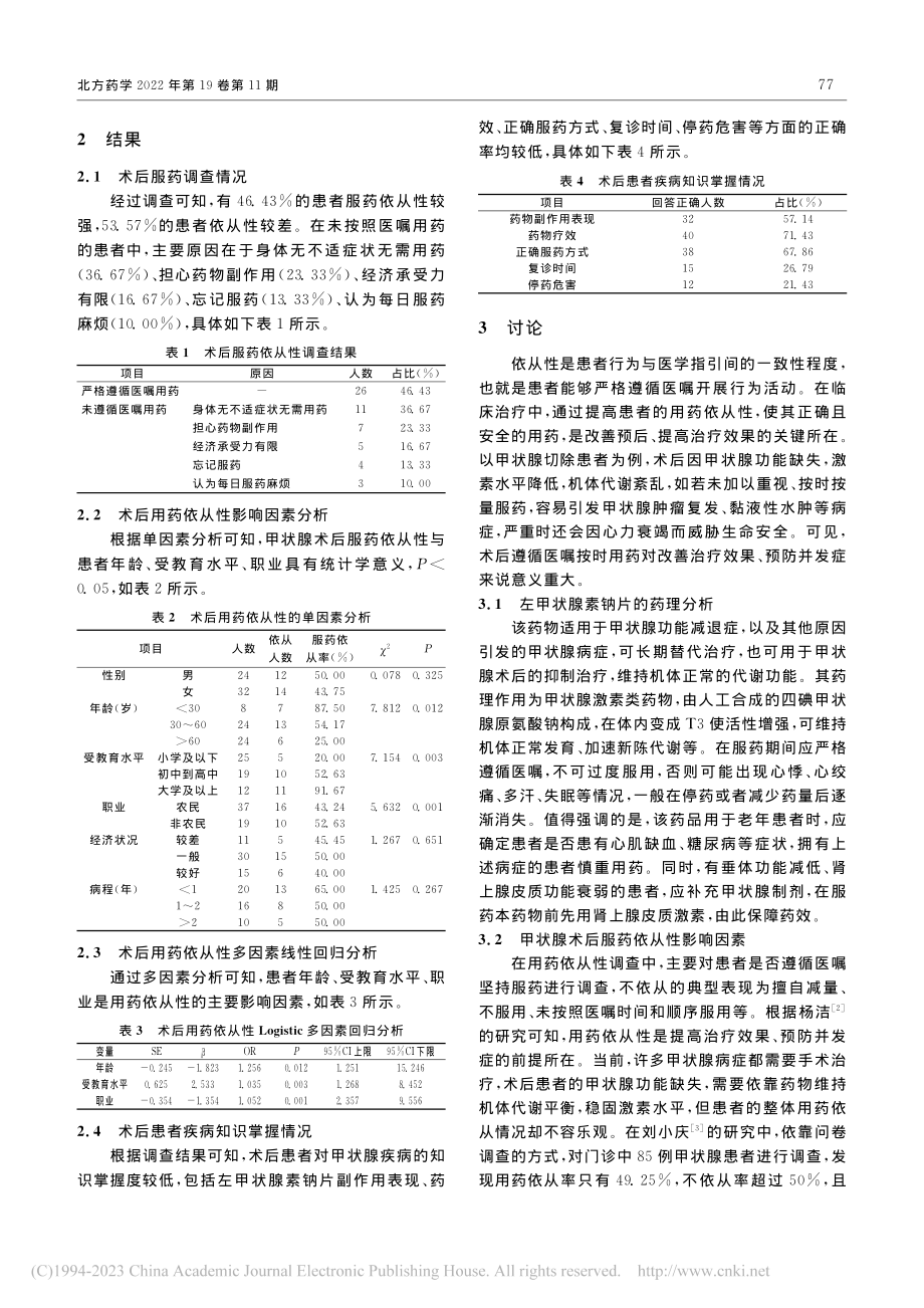 分析甲状腺术后患者左甲状腺素钠片服药依从性调查及因素_林崇肥.pdf_第2页