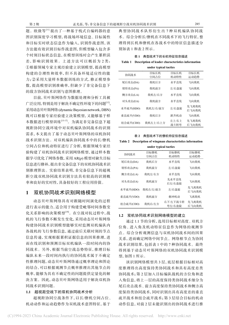 非完备信息下的超视距空战双机协同战术识别_孟光磊.pdf_第2页