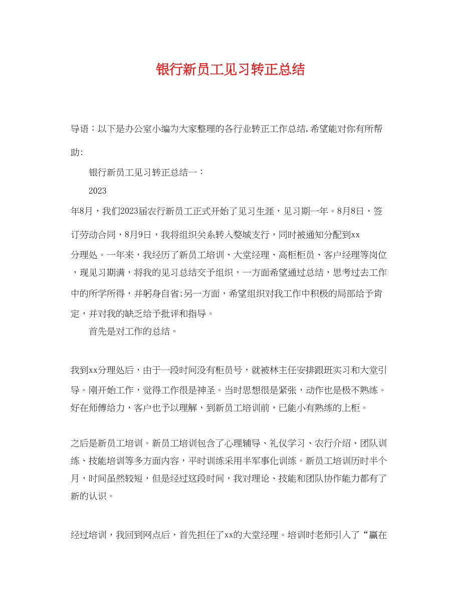 2023年银行新员工见习转正总结范文.docx_第1页