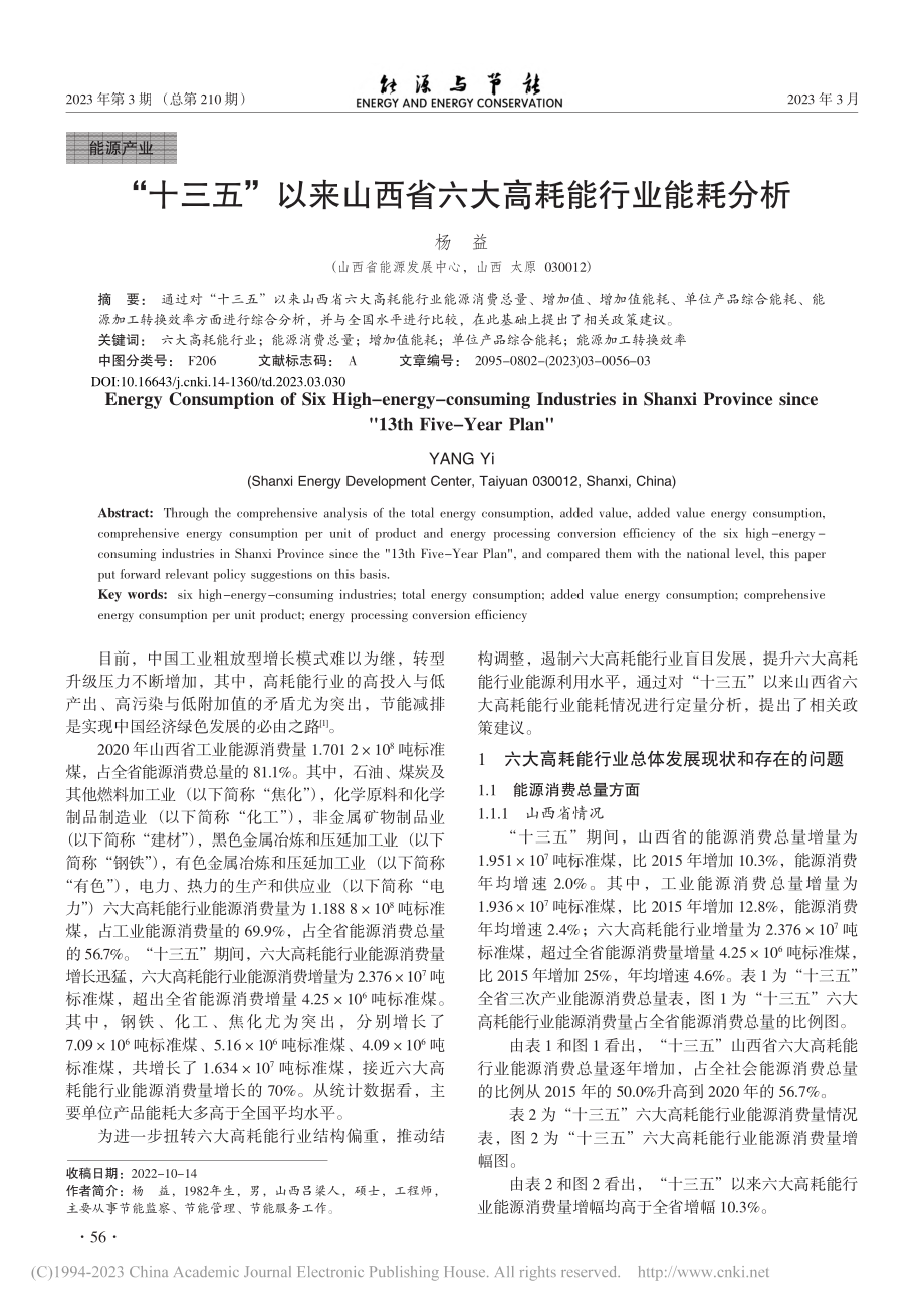 “十三五”以来山西省六大高耗能行业能耗分析_杨益.pdf_第1页