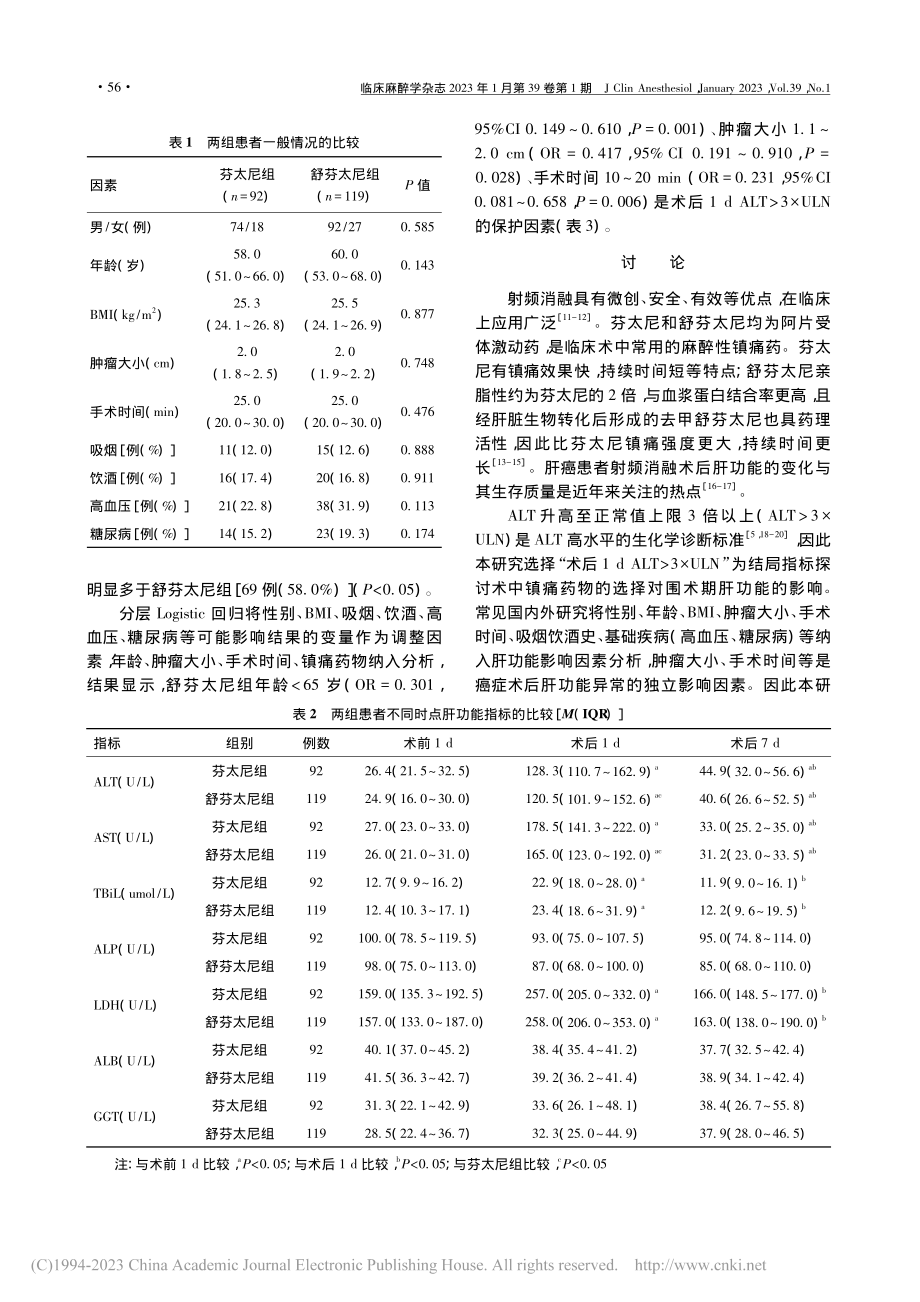 芬太尼和舒芬太尼对肝癌患者射频消融术后肝功能的影响_潘敏.pdf_第3页