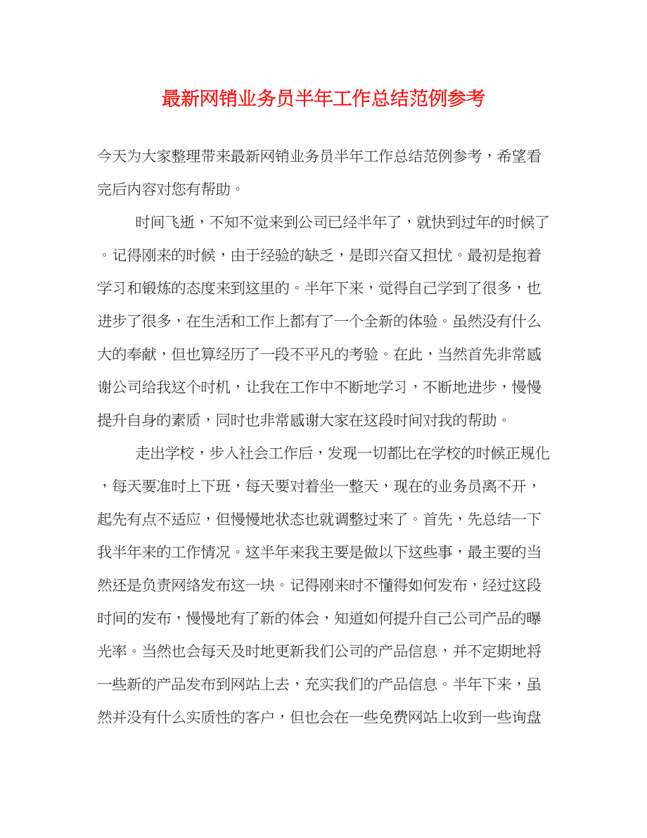 2023年网销业务员半工作总结范例精选参考范文.docx_第1页