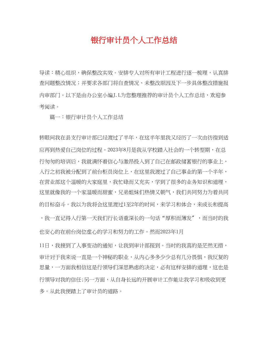 2023年银行审计员个人工作总结范文.docx_第1页