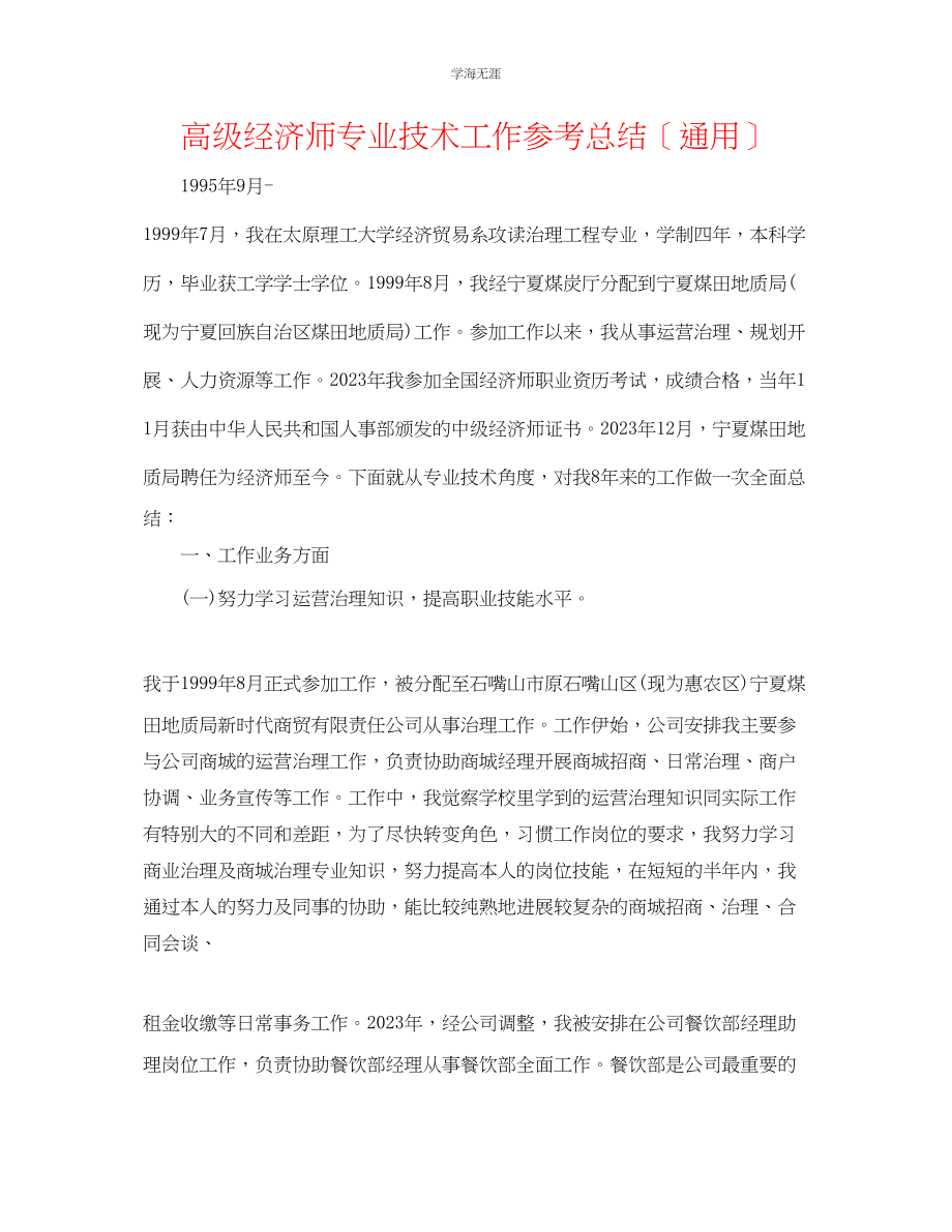 2023年高级经济师专业技术工作总结范文.docx_第1页