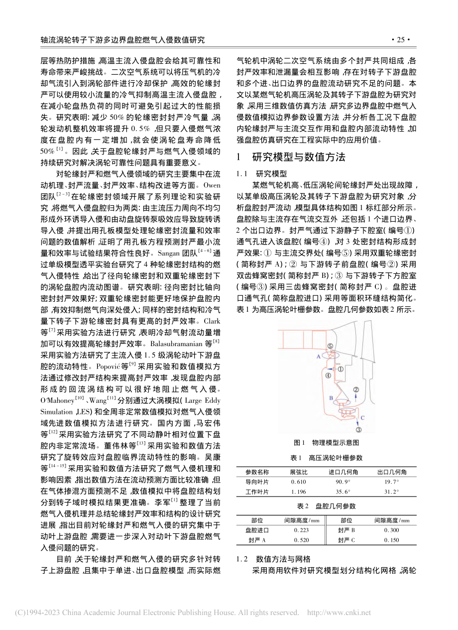 轴流涡轮转子下游多边界盘腔燃气入侵数值研究_鞠文莹.pdf_第2页