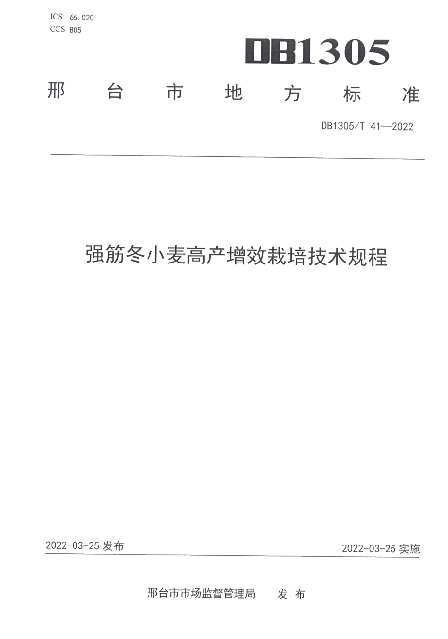 DB1305T 41-2022强筋冬小麦高产增效栽培技术规程.pdf_第1页