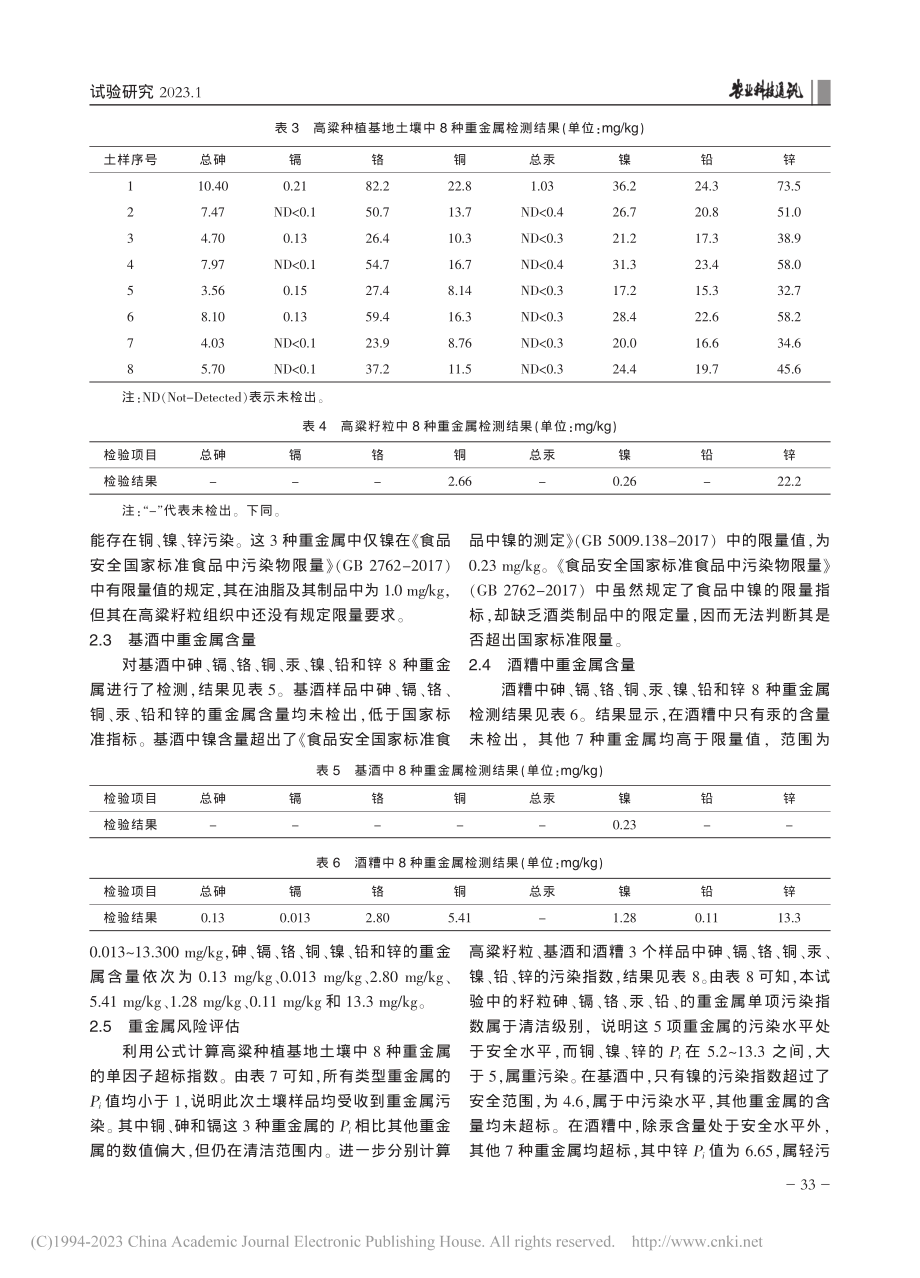 高粱种植地、籽粒、基酒及酒糟中重金属含量分析_焦志银.pdf_第3页