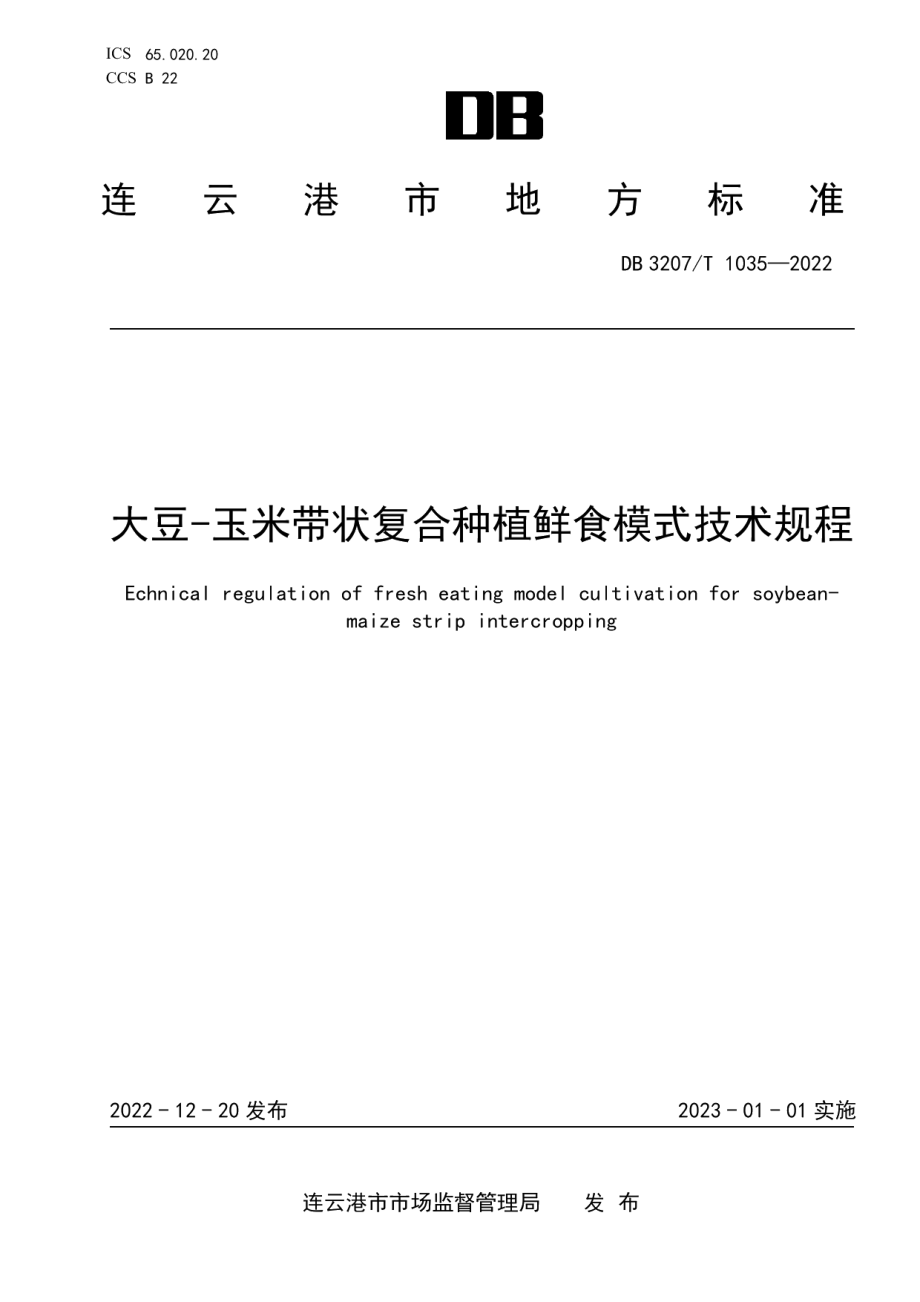 DB3207T 1035—2022大豆-玉米带状复合种植鲜食模式技术规程.pdf_第1页