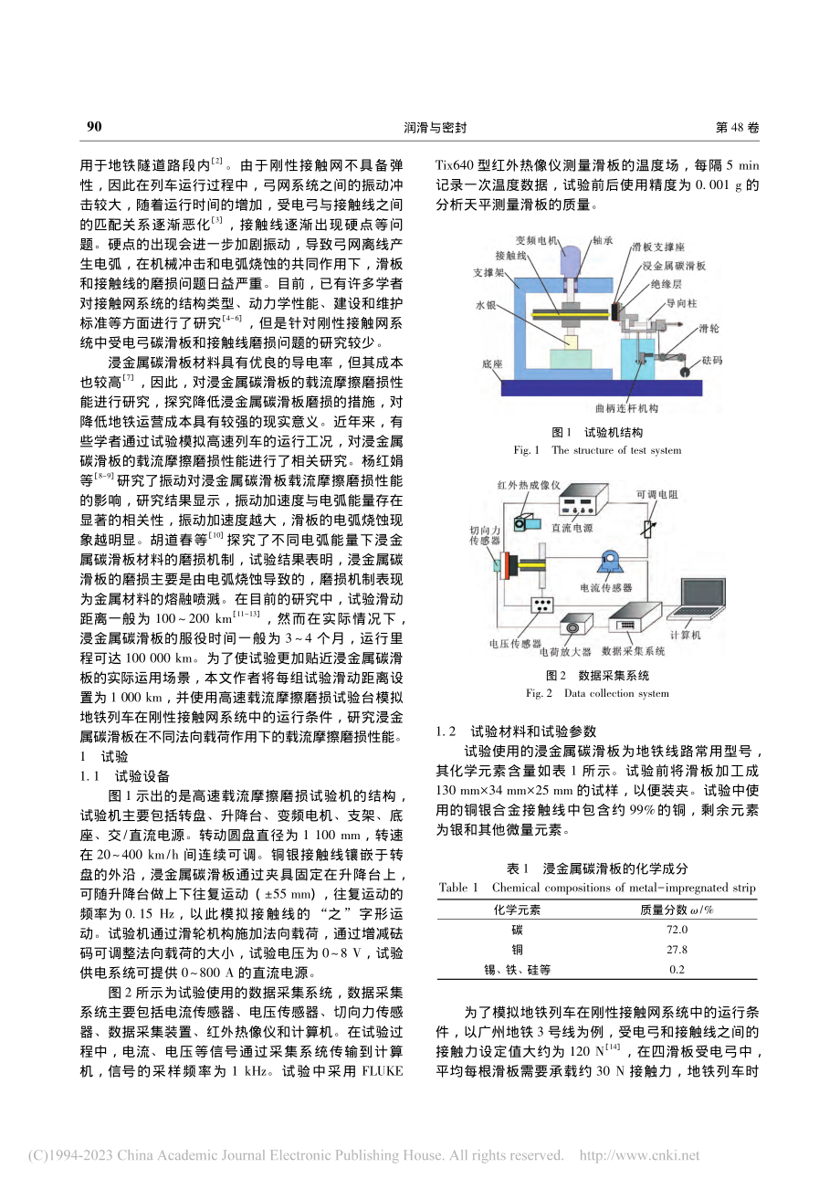 刚性接触网中浸金属碳滑板在...向载荷下的载流摩擦磨损性能_刘达毅.pdf_第2页