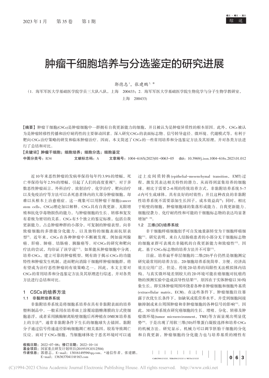 肿瘤干细胞培养与分选鉴定的研究进展_郭德志.pdf_第1页