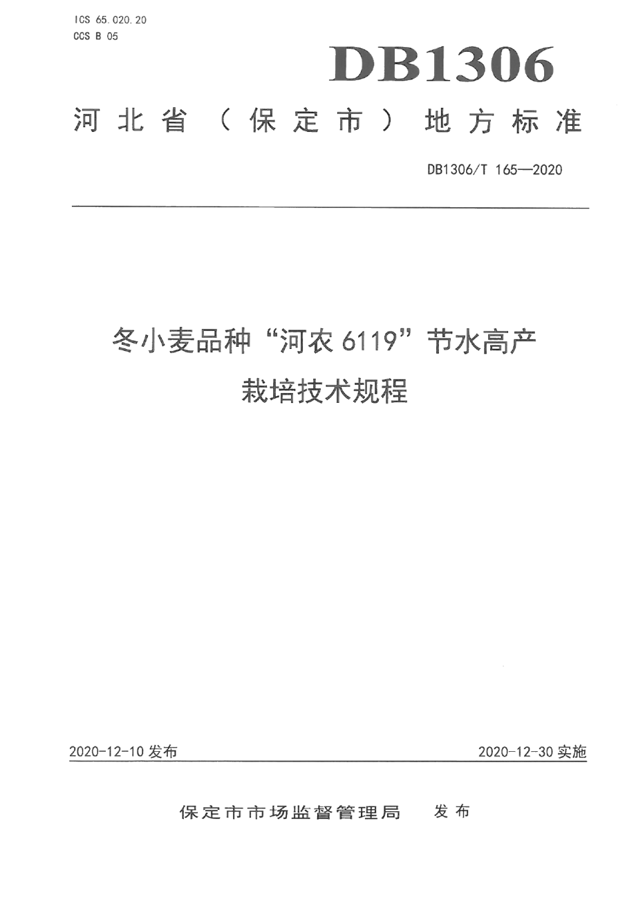 DB1306T 165-2020冬小麦品种“河农6119”节水高产栽培技术规程.pdf_第1页