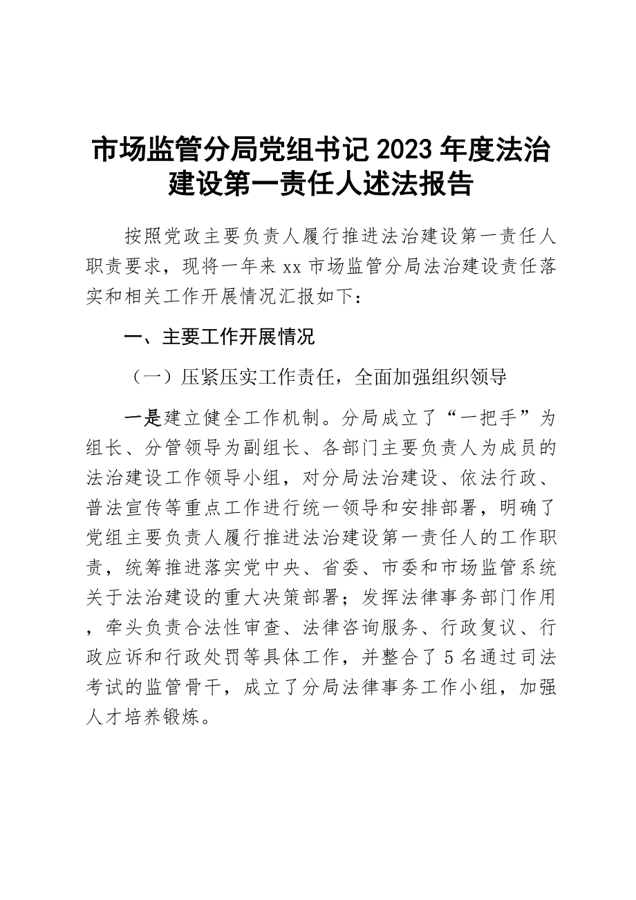 市场监管分局党组书记2023年度法治建设第一责任人述法报告范文 .docx_第1页