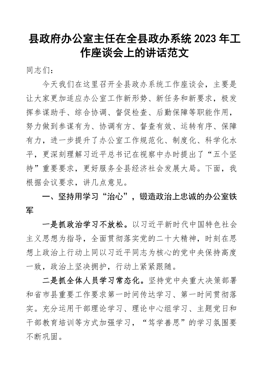 全县政府办公室系统2023年工作人员座谈会讲话主任会议 .docx_第1页